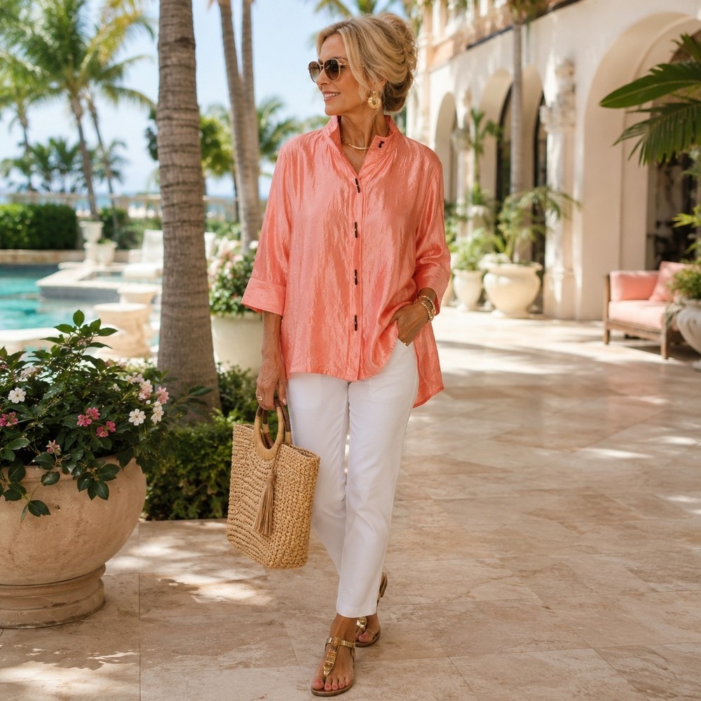 Ali Miles Blouse XL Coral Shimmer Crinkle Toggle Lagenlook Art to Wear Resort
